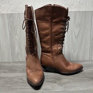 Brown Leather Lace Up Zip Brown Zodiac Campus Heeled Boots Women's size 5-5